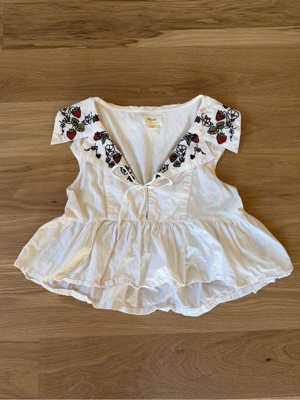 Anthropologie White Peplum Top with Floral Embroidery and cute strawberry’s